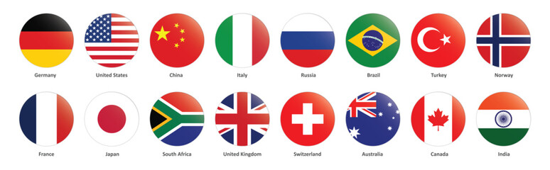 World Flags Collection Icons Set. Germany, USA, China, UK, India, Canada, France, Japan, Italy