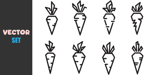 Set of eight minimalist line art carrot icons on a white background