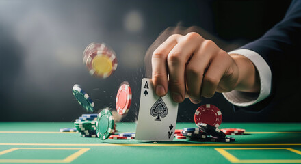 A poker player's hand slamming an ace card down on the table an action shot of a winning move in a high stakes game with copy space