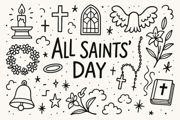 All saints' day outline icon set. religious, holiday, spiritual symbols collection