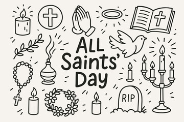 All saints' day line icon set. religious, prayer, spiritual symbols in linear collection