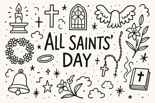 All saints' day outline icon set. religious, holiday, spiritual symbols collection
