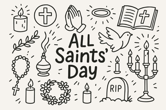 All saints' day line icon set. religious, prayer, spiritual symbols in linear collection - Powered by Adobe