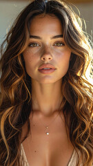 Elegant portrait of young woman with flowing hair in soft digital style perfect for beauty, fashion, and lifestyle concepts