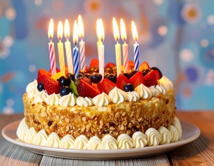 Birthday cake with candles and fruit