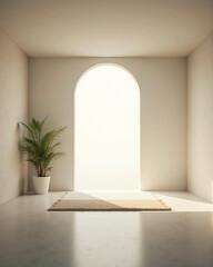 Minimalist empty room with single rug and potted plant in soft natural light symbolizing mindfulness, serenity, and tranquility