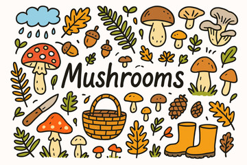 Naklejka premium Mushrooms, nature line icon set. forest, fungi, harvesting, botanical outline icons