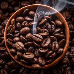 Close-up of freshly roasted coffee beans in wooden bowl with rich texture perfect for coffee, cafe, and beverage design projects
