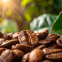 Rich close-up of roasted coffee beans with natural sunlight highlighting texture perfect for coffee, cafe, and beverage marketing