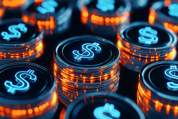 Digital dollar coins finance technology futuristic currency stacks investment growth economy