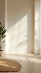 Fototapeta premium Minimalist empty room with single rug and potted plant in soft natural light symbolizing mindfulness, serenity, and tranquility