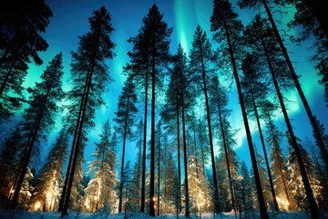 Silhouetted pines, aurora borealis, night forest
