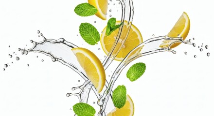 Dynamic swirl of zesty lemon slices and crisp mint leaves captured mid-splash in refreshing clear water, symbolizing natural vitality and pure refreshment