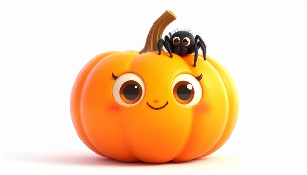 Cartoon pumpkin with big eyes and a small black spider on top, against a white background.