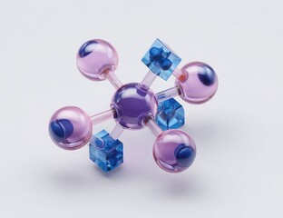 Abstract 3D model, molecule-like structure of translucent spheres and cubes in shades of purple and blue, on a light background