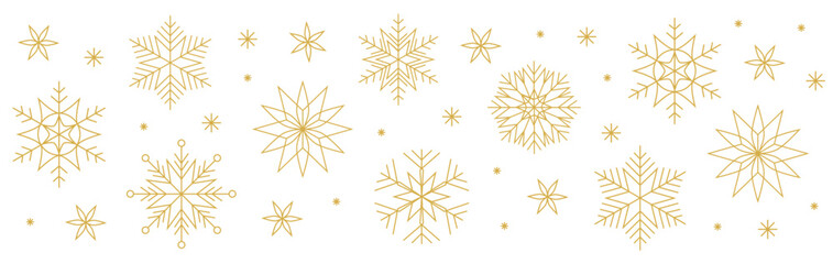 Vector christmas decorative border with gold colored geometric snowflakes and stars in seamless pattern