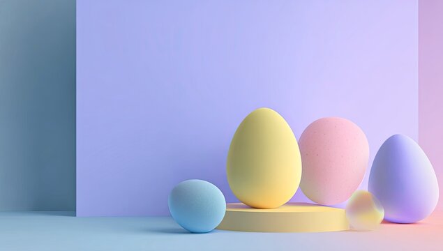 Pastel-colored eggs of varying sizes and shapes rest on a pale yellow platform against a soft purple backdrop.  The scene is minimalist and suggestive of spring or Easter