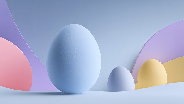 Pastel-colored eggs of varying sizes rest on a gently undulating surface, set against a backdrop of soft, curved shapes in complementary hues