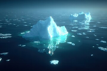 Icebergs float on a dark blue ocean