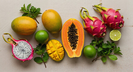 Colorful assortment of tropical fruits on grey background  