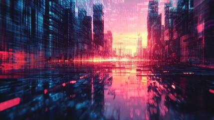 vibrant glitch style luminous effect on city block