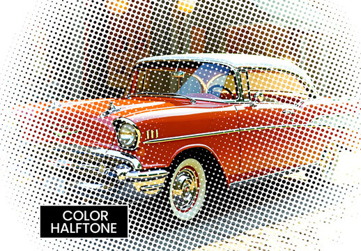 Retro Classic Car with Color Halftone Photo Effect