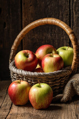 Rustic Apple Basket on Wooden Table – Natural Countryside Still Life Captured in Soft Daylight with Real Textures and Warm, Earthy Tones Using a High-End Professional Camera.