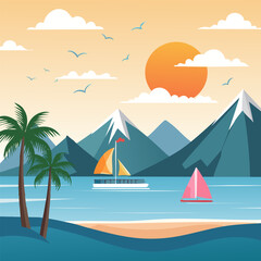 Panorama of mountains on the sea coast.Vector illustration of a seashore with mountains and palm trees against a background of clouds and sun.