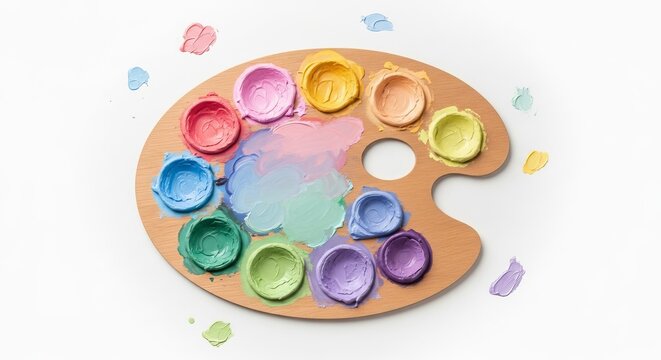 Artist's wooden palette brimming with vibrant, pastel paints ready for creation