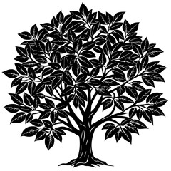 Black and white vector illustration of a vintage floral tree in spring blossom