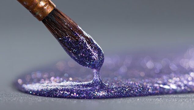 Close-up of a paintbrush dipping into a pool of shimmering purple glitter