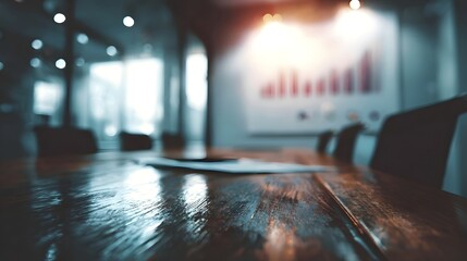 Blurred conference room with polished wooden table and business graph presentation