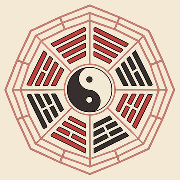 Vector illustration of Bagua with Yin Yang symbol, representing feng shui, Taoist balance, harmony, and spirituality. Ideal for cultural, religious, and wellness concepts.