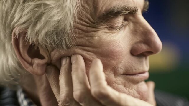 Elderly man portrait profile showing thoughtful calm expression with hand cheek conveying reflection and serenity touching cheek with closed eyes