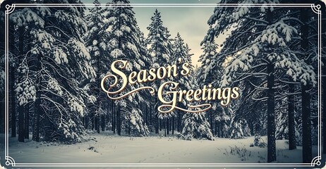 Seasons greetings card with snowy pine trees and vintage frame for winter holidays and festive celebration isolated on white background