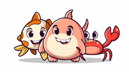 Cute Cartoon Monster with Fish and Crab Friends Illustration