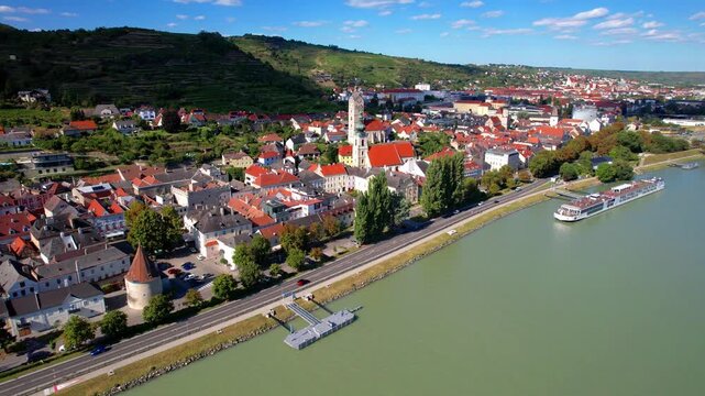 Aerial View of Krems an der Donau with Cruise Ship &mdash; Drone Panorama of Danube River, Historic Austrian Town Architecture and River Tourism, Wachau Valley Austria