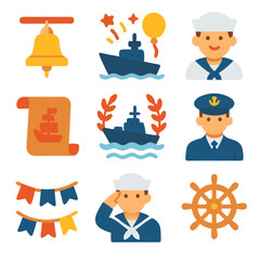 Navy birthday celebrate with assorted nautical themed icons including sailors ships and bells.