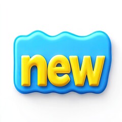 3D "New" sign, bright yellow text on a light blue, wavy background