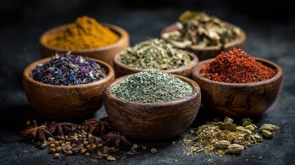 taste. Artisanal collection of dried herbs and spices in wooden bowls, emphasizing natural culinary ingredients. menu design.