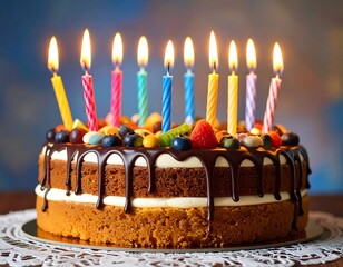 Birthday cake with colorful candles and fruit toppings