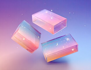Ethereal floating translucent blocks with a cosmic galaxy pattern inside.