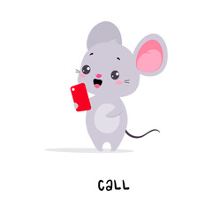 Little Mouse Call with Phone Demonstrating English Verbs for Educational Activity Vector Illustration