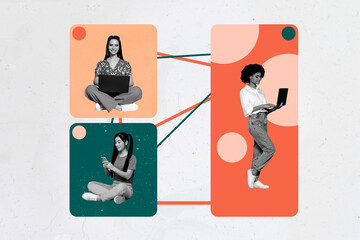 Sketch image artwork composite photo collage of connection three young lady app messenger friends type laptop phone remote internet device
