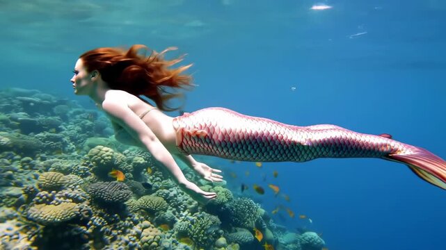 Redhead mermaid swims coral reef, ocean background, fantasy
