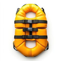 Top-down view of a bright orange life vest with black straps and buckles