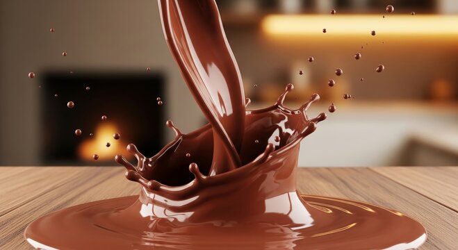 A mesmerizing close-up of rich chocolate splashing into a pool, with droplets flying, set against a warm wooden background, ideal for food and beverage advertising