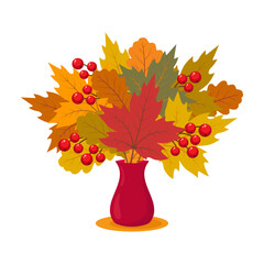 Autumn bouquet. Bouquet of autumn leaves in a vase.
Color vector illustration. Isolated on white background.	