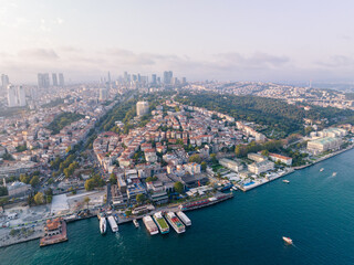 Fototapeta premium Aerial View of Bustling Istanbul City Cityscape Overlooking the Vibrant Waterfront. Turkey. Drone.
