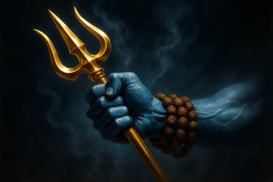 A golden trishul held by a powerful blue hand of lord shiva with a rudraksha bracelet, a divine image of mahadev for sawan somvar